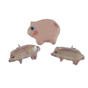 Vintage Set Pig Piggy Piglet Brooch Pin & Pierced Earrings Lot